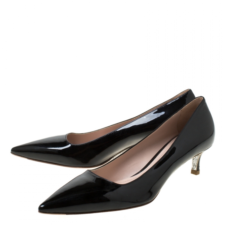 Pre Owned Miu Miu Black Patent Leather Pointed Toe Kitten Heel Pumps Size 37.5