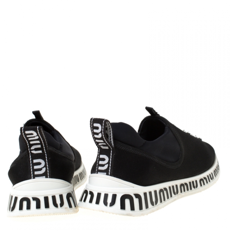 Pre Owned Miu Miu Black Crystals Embellished Fabric Run Slip On Sneakers Size 38.5