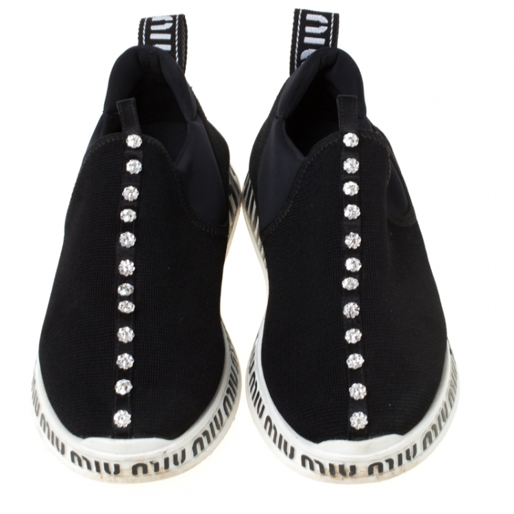 Pre Owned Miu Miu Black Crystals Embellished Fabric Run Slip On Sneakers Size 38.5