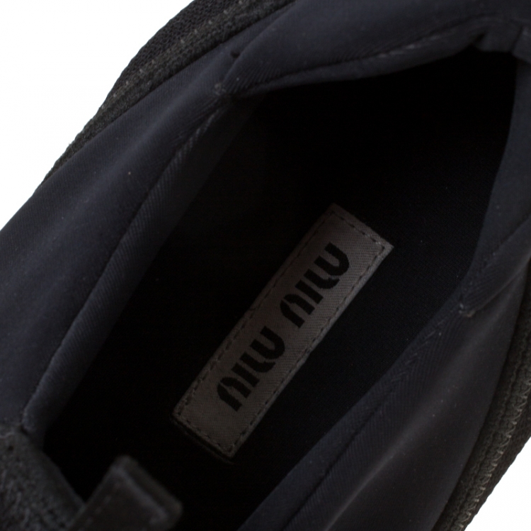 Pre Owned Miu Miu Black Crystals Embellished Fabric Run Slip On Sneakers Size 38.5