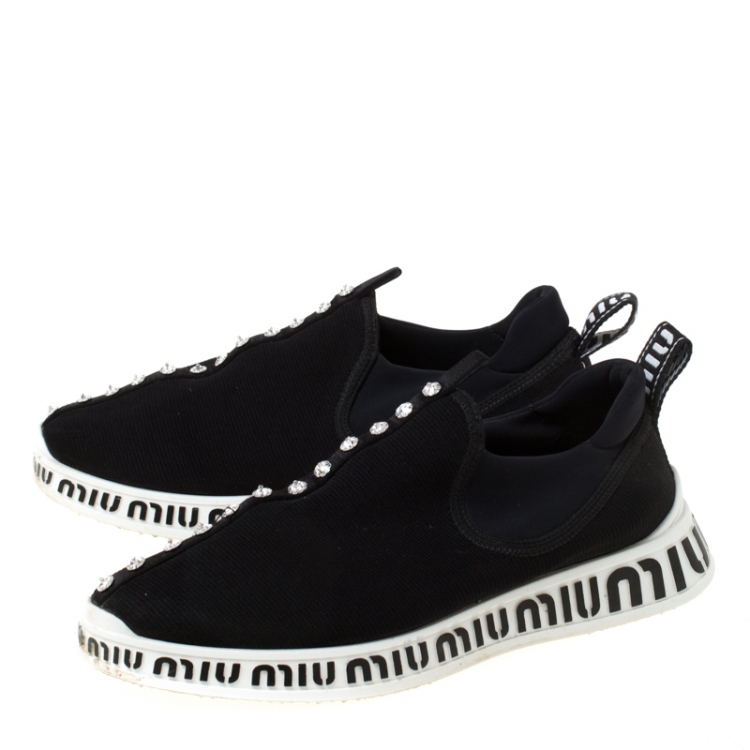 Pre Owned Miu Miu Black Crystals Embellished Fabric Run Slip On Sneakers Size 38.5