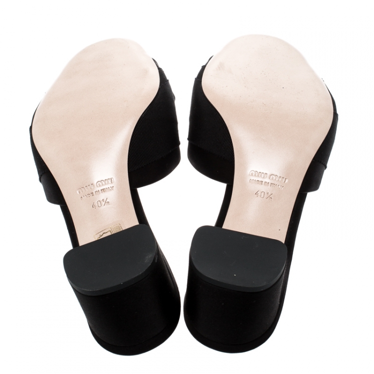Pre Owned Miu Miu Black Crsytal Embellished Satin and Canvas Slide Sandals Size 40.5