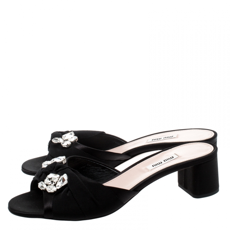 Pre Owned Miu Miu Black Crsytal Embellished Satin and Canvas Slide Sandals Size 40.5
