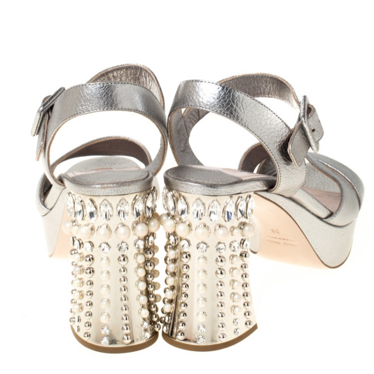 Pre Owned Miu Miu Metallic Silver Leather Crystal Embellished Block Heel Ankle Strap Sandals Size 39