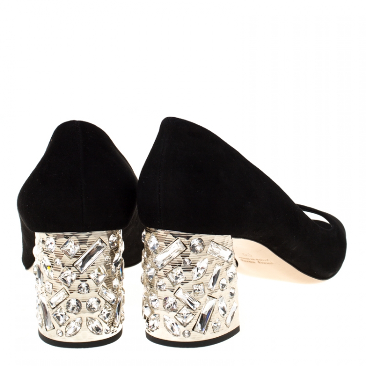 Pre Owned Miu Miu Black Suede Crystal Embellished Peep Toe Pumps Size 39