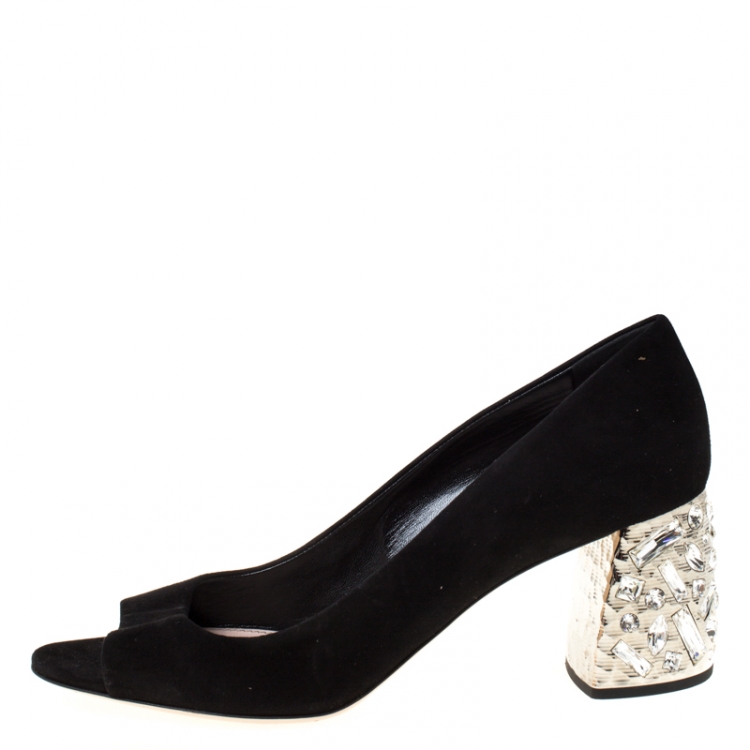 Pre Owned Miu Miu Black Suede Crystal Embellished Peep Toe Pumps Size 39