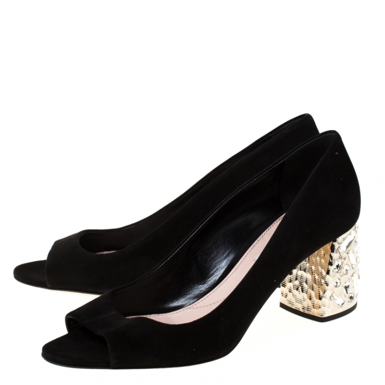 Pre Owned Miu Miu Black Suede Crystal Embellished Peep Toe Pumps Size 39