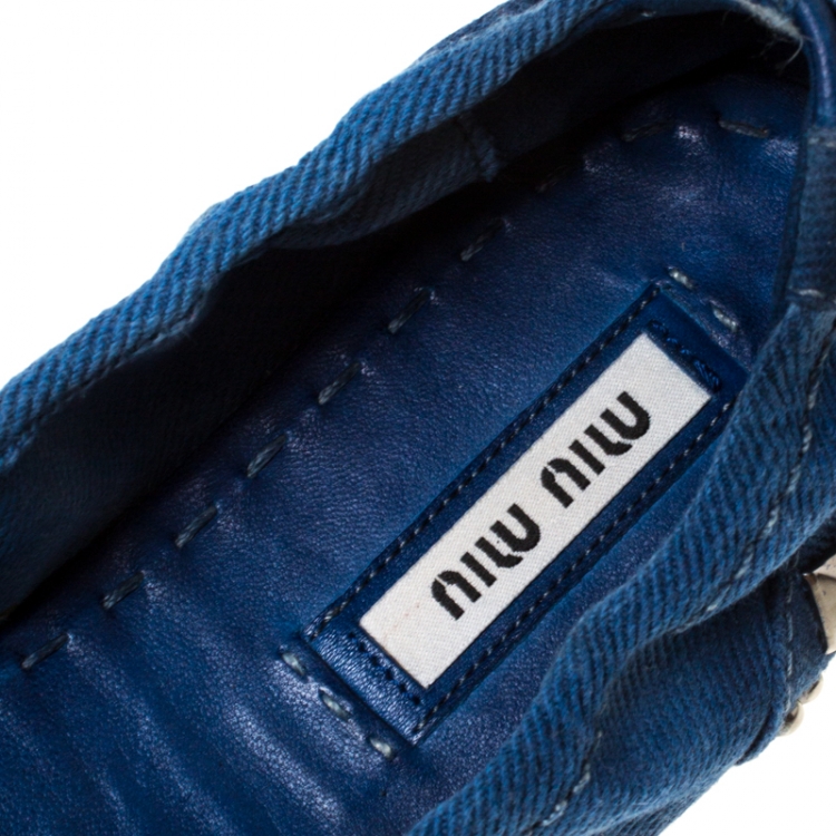 Pre Owned Miu Miu Blue Denim Studded Buckle Ballerina Flats Size 38.5