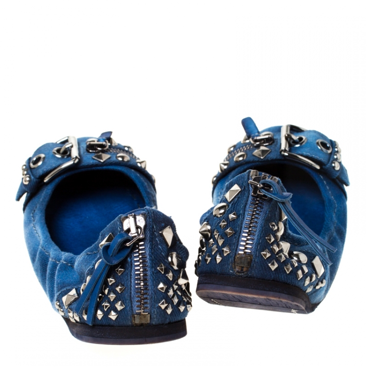 Pre Owned Miu Miu Blue Denim Studded Buckle Ballerina Flats Size 38.5
