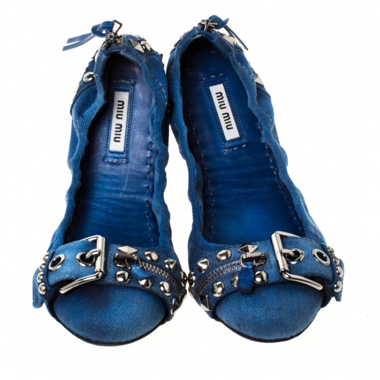 Pre Owned Miu Miu Blue Denim Studded Buckle Ballerina Flats Size 38.5
