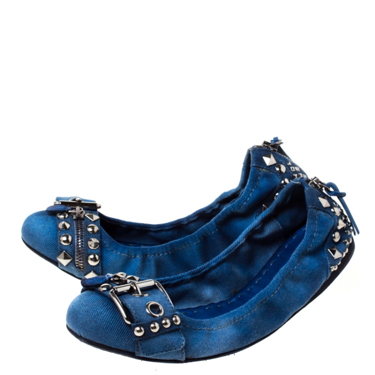 Pre Owned Miu Miu Blue Denim Studded Buckle Ballerina Flats Size 38.5
