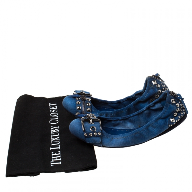 Pre Owned Miu Miu Blue Denim Studded Buckle Ballerina Flats Size 38.5