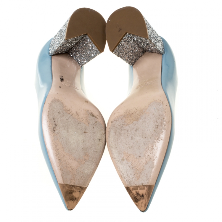 Pre Owned Miu Miu Blue Patent Leather Glitter Heel Pointed Toe Pumps Size 39