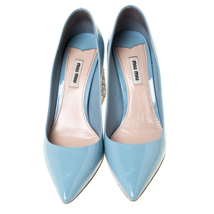 Pre Owned Miu Miu Blue Patent Leather Glitter Heel Pointed Toe Pumps Size 39