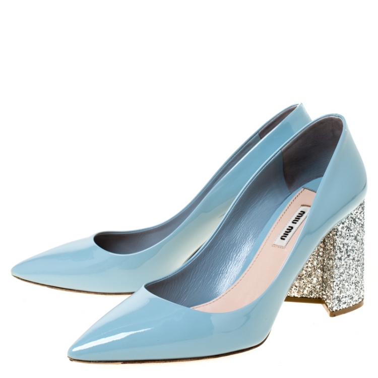 Pre Owned Miu Miu Blue Patent Leather Glitter Heel Pointed Toe Pumps Size 39