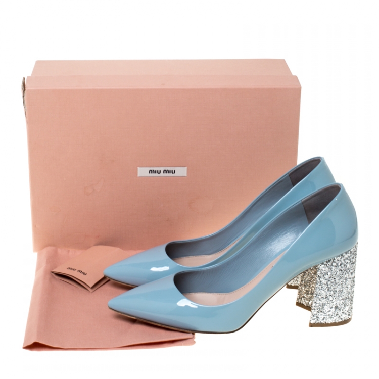 Pre Owned Miu Miu Blue Patent Leather Glitter Heel Pointed Toe Pumps Size 39