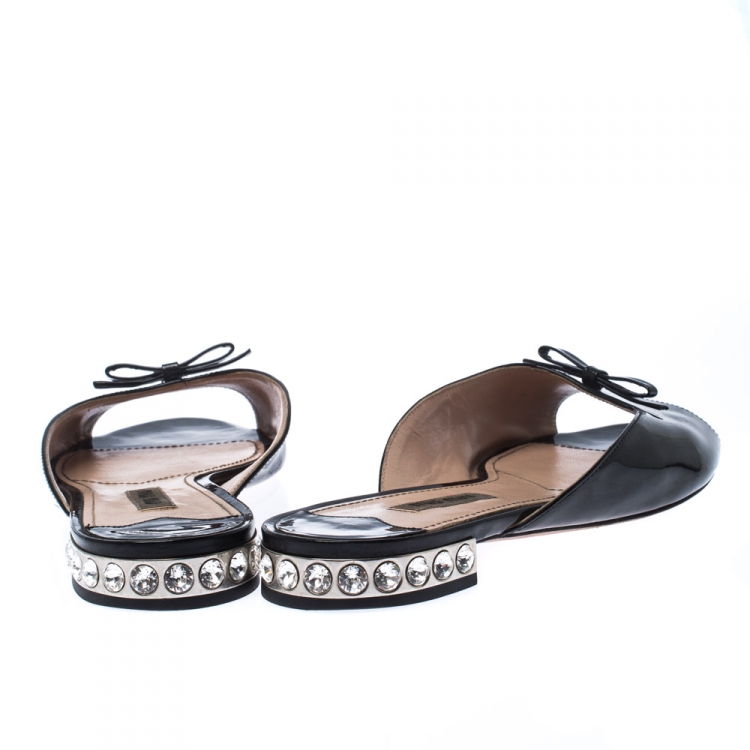 Pre Owned Miu Miu Black Patent Leather Crystal Embellished Flats Size 38.5