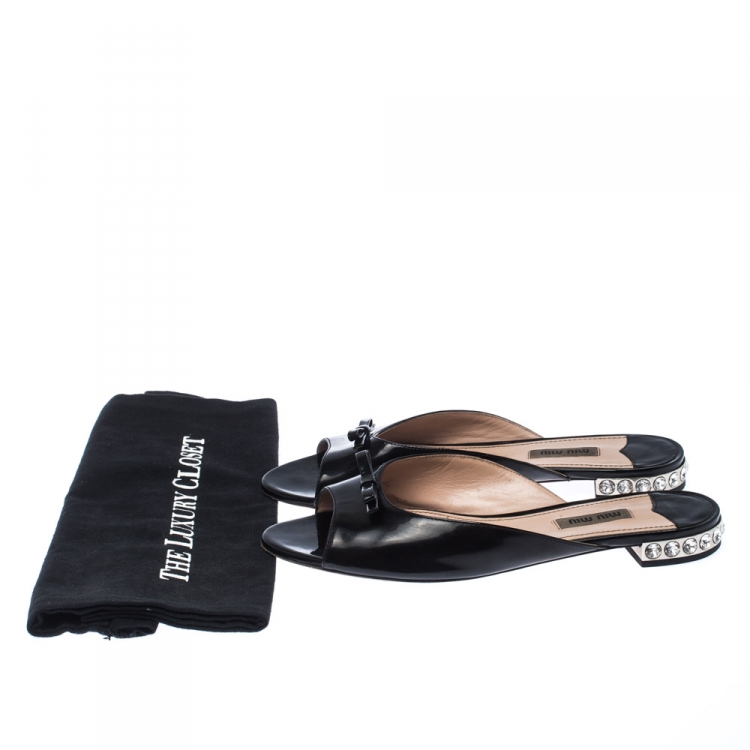 Pre Owned Miu Miu Black Patent Leather Crystal Embellished Flats Size 38.5