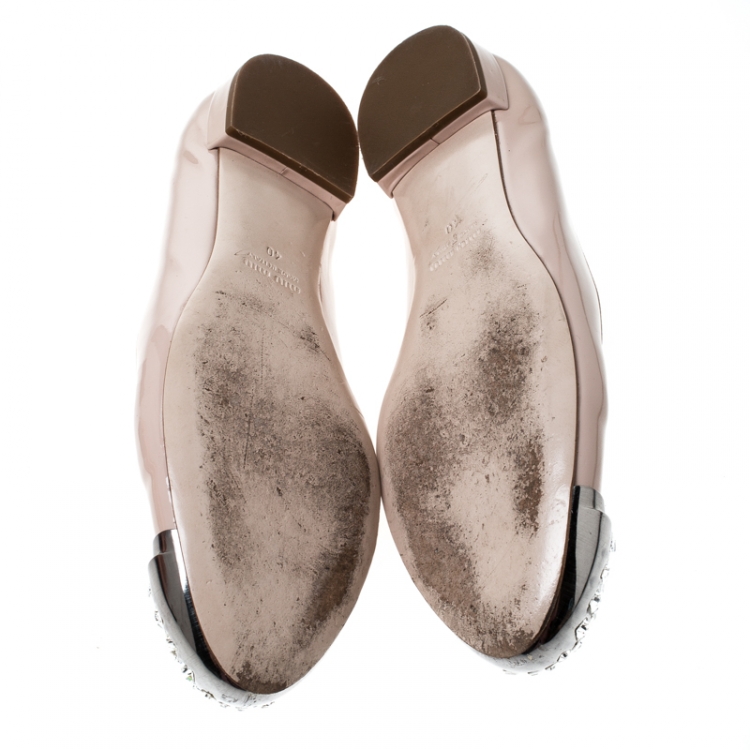 Pre Owned Miu Miu Beige Patent Leather Crystal Embellished Cap Toe Flats Size 40