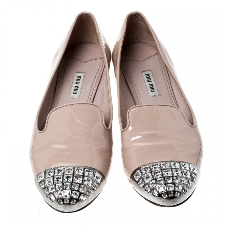 Pre Owned Miu Miu Beige Patent Leather Crystal Embellished Cap Toe Flats Size 40