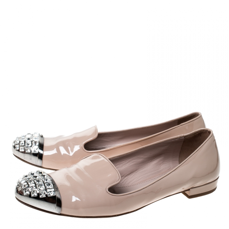 Pre Owned Miu Miu Beige Patent Leather Crystal Embellished Cap Toe Flats Size 40
