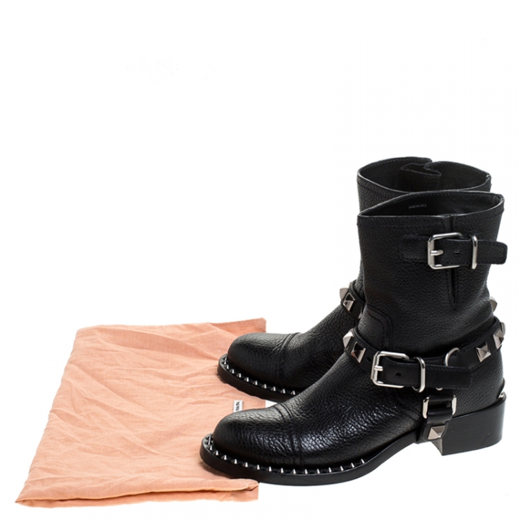 Pre Owned Miu Miu Black Leather Short Studded Motorcycle Boots Size 36.5