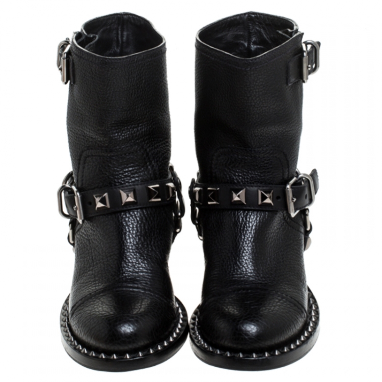 Pre Owned Miu Miu Black Leather Short Studded Motorcycle Boots Size 36.5