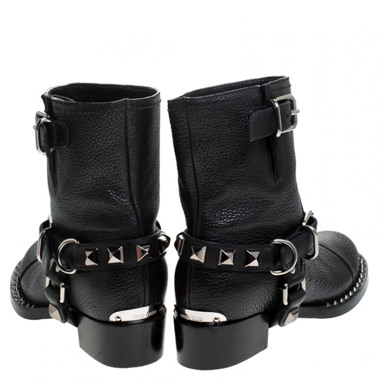 Pre Owned Miu Miu Black Leather Short Studded Motorcycle Boots Size 36.5
