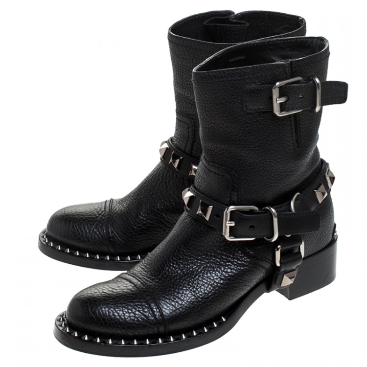Pre Owned Miu Miu Black Leather Short Studded Motorcycle Boots Size 36.5