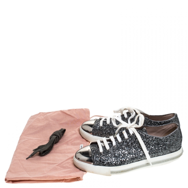 Pre Owned Miu Miu Metallic Silver Glitter And Metal Cap Toe Low Top Sneakers Size 39