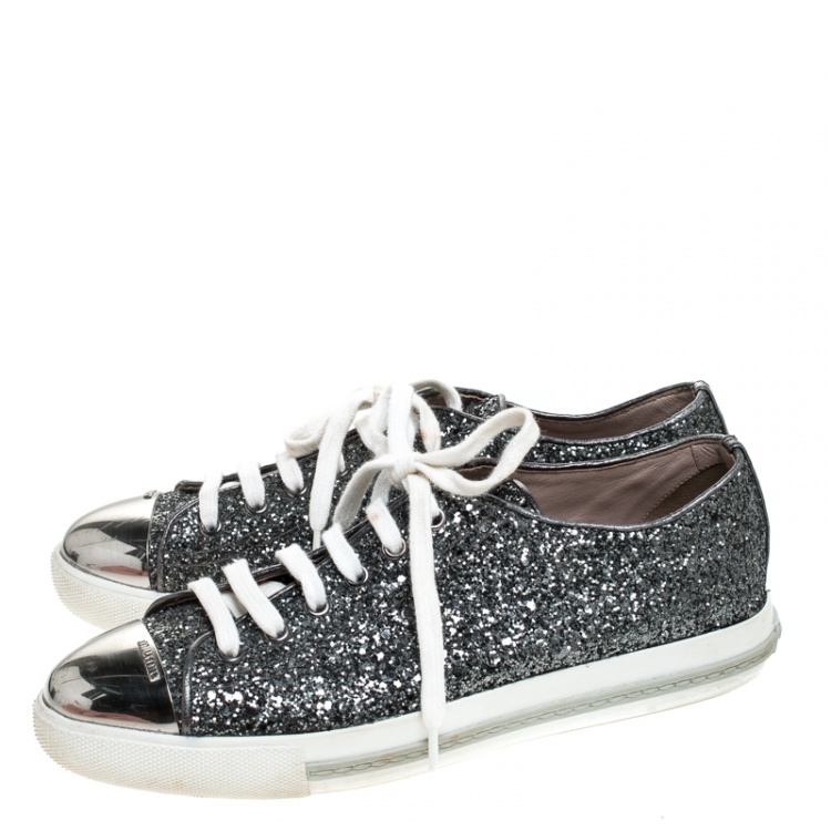 Pre Owned Miu Miu Metallic Silver Glitter And Metal Cap Toe Low Top Sneakers Size 39