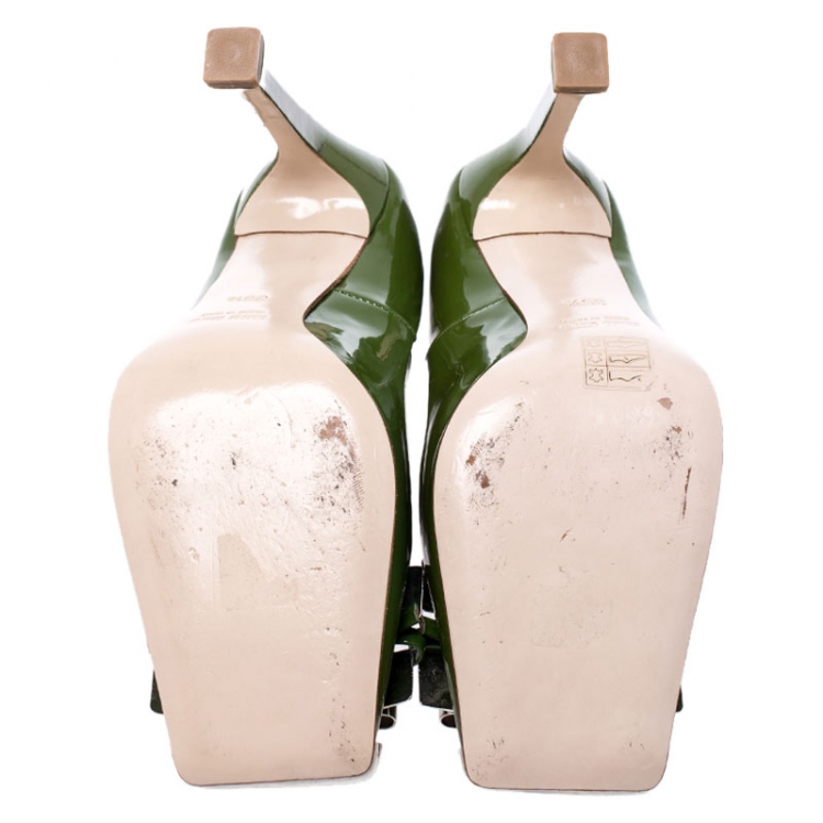 Pre Owned Miu Miu Green Patent Leather Metal Square Toe And Bow Detail Pumps Size 36.5