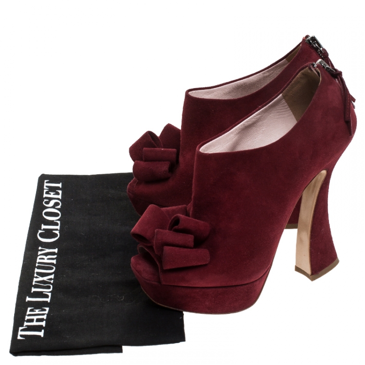 Pre Owned Miu Miu Red Suede Bow Peep Toe Platform Pumps Size 36