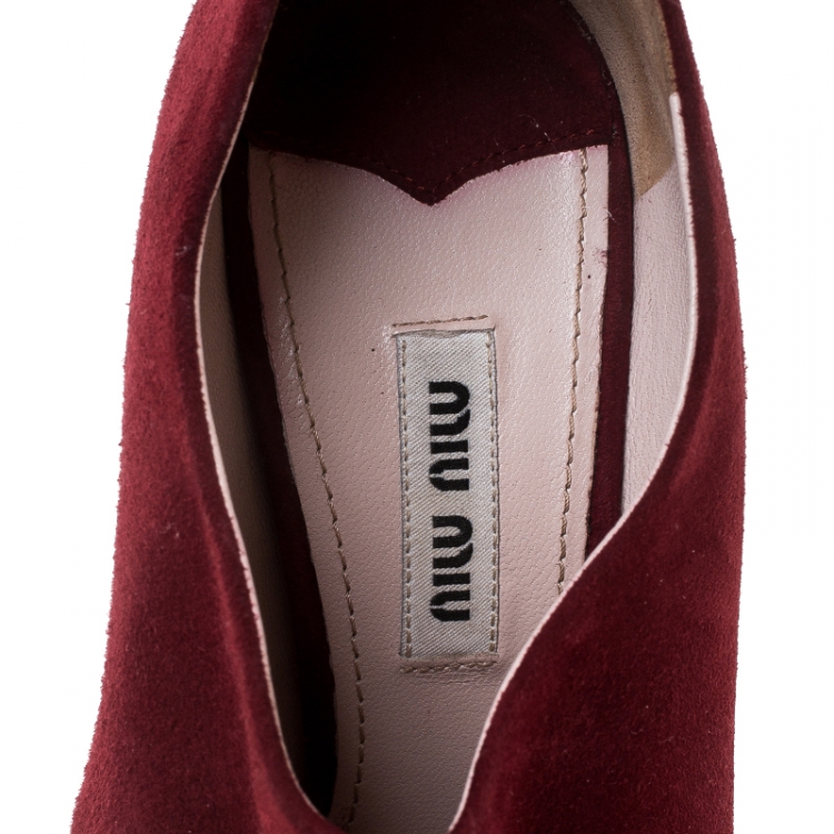 Pre Owned Miu Miu Red Suede Bow Peep Toe Platform Pumps Size 36