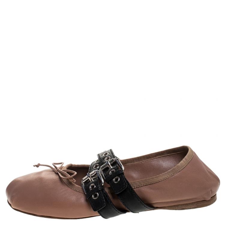 Pre Owned Miu Miu Beige Leather Buckle Detail Ballet Flats Size 39.5