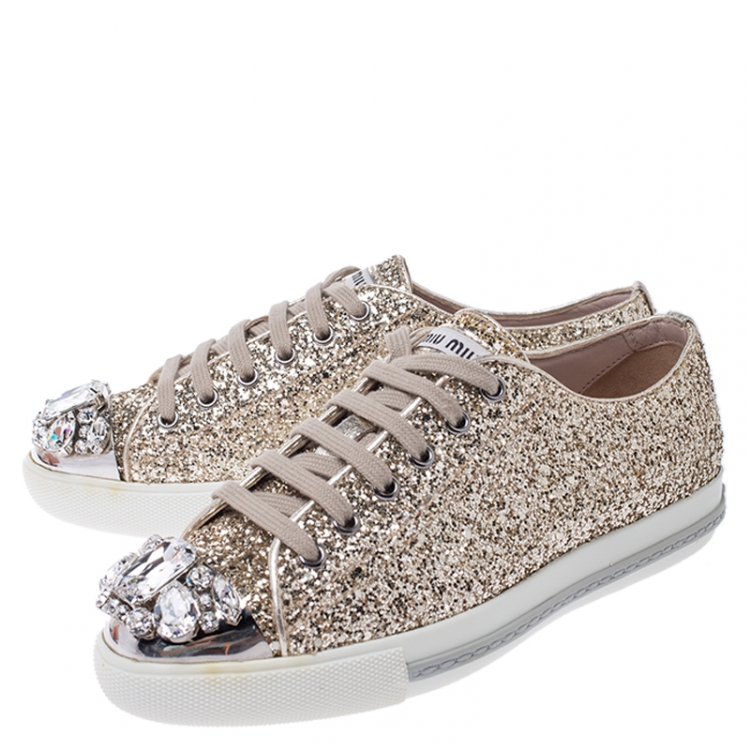 Pre Owned Miu Miu Gold Coarse Glitter Leather Crystal Embellished Cap Toe Lace Up Sneakers Size 36.5