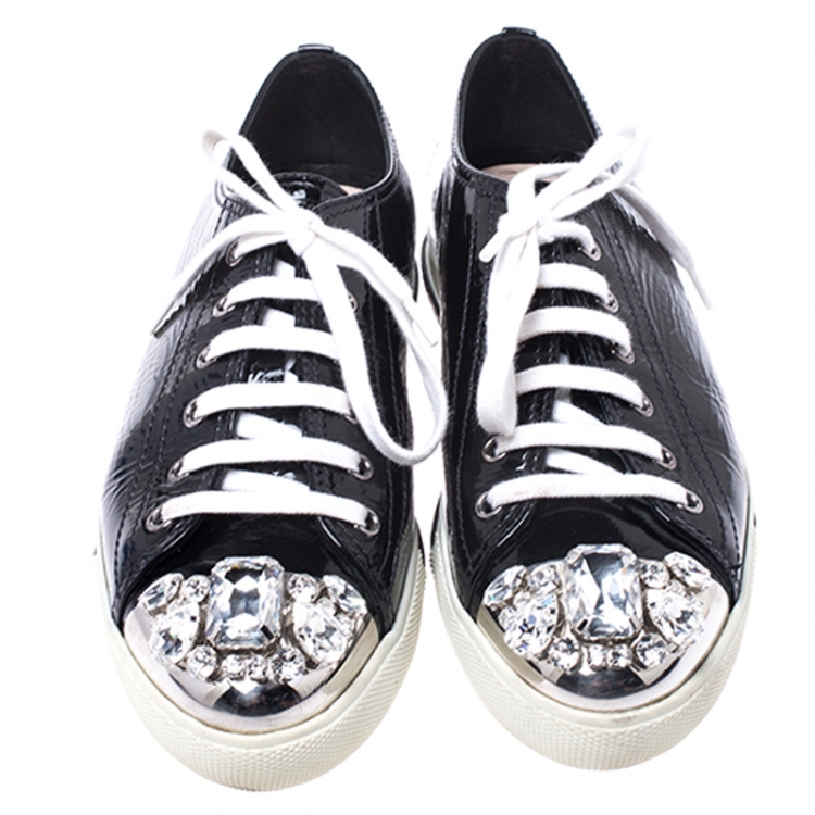 Pre Owned Miu Miu Black Patent Leather Crystal Embellished Cap Toe Lace Up Sneakers Size 38