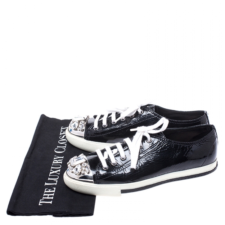 Pre Owned Miu Miu Black Patent Leather Crystal Embellished Cap Toe Lace Up Sneakers Size 38