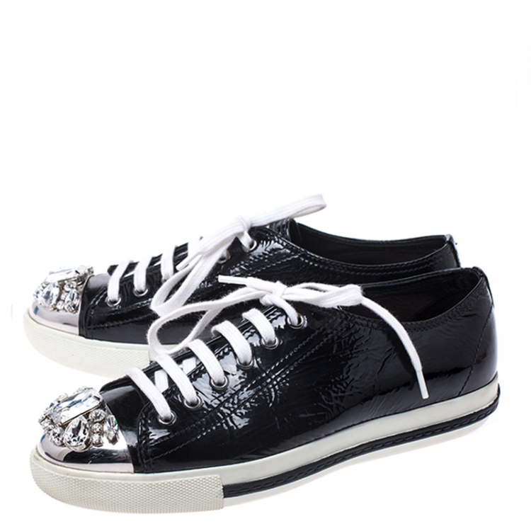 Pre Owned Miu Miu Black Patent Leather Crystal Embellished Cap Toe Lace Up Sneakers Size 38