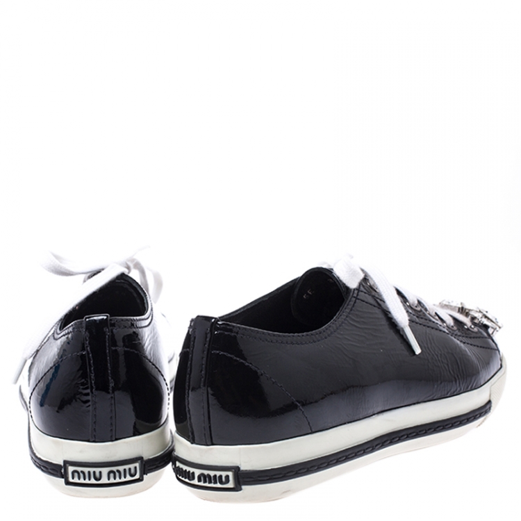 Pre Owned Miu Miu Black Patent Leather Crystal Embellished Cap Toe Lace Up Sneakers Size 38
