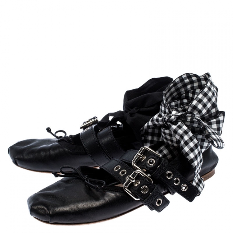 Pre Owned Miu Miu Black Belted Leather Ankle Wrap Ballet Flats Size 37.5