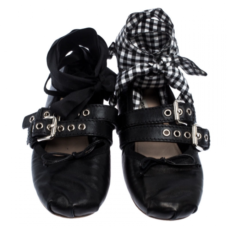 Pre Owned Miu Miu Black Belted Leather Ankle Wrap Ballet Flats Size 37.5