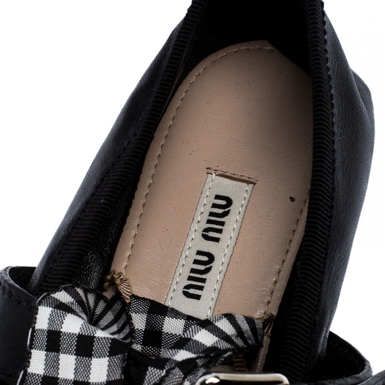 Pre Owned Miu Miu Black Belted Leather Ankle Wrap Ballet Flats Size 37.5