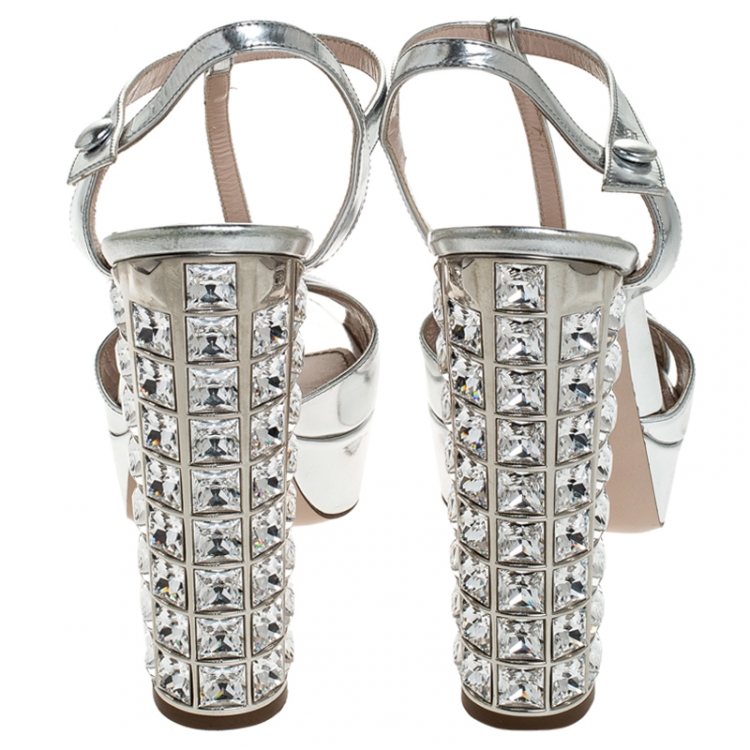 Pre Owned Miu Miu Silver Leather T Strap Crystal Embellished Heel Platform Sandals Size 37.5