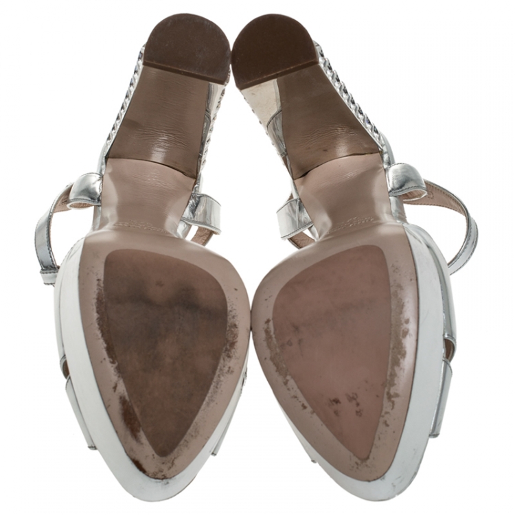 Pre Owned Miu Miu Silver Leather T Strap Crystal Embellished Heel Platform Sandals Size 37.5