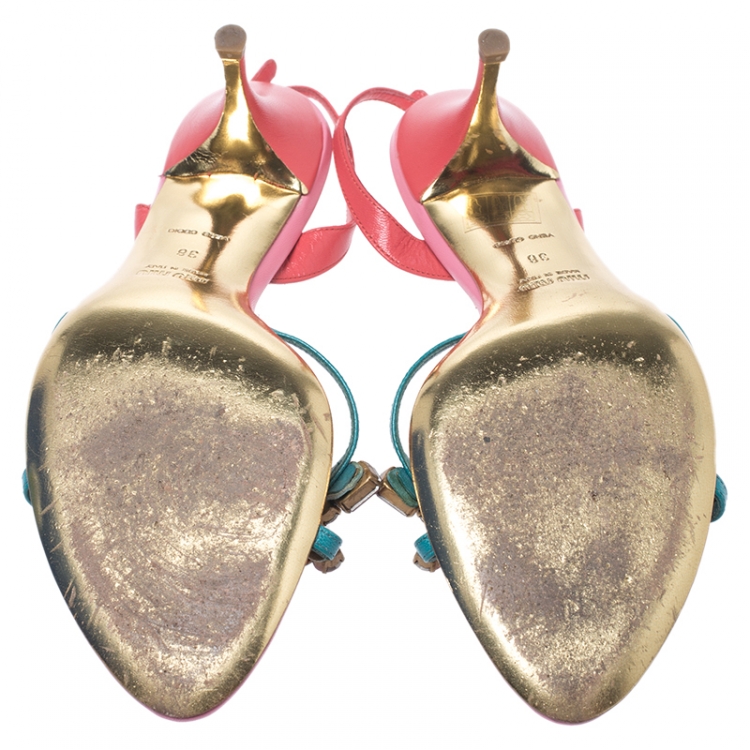 Pre Owned Miu Miu Multicolor Crystal Embellished Leather Slingback Sandals Size 38
