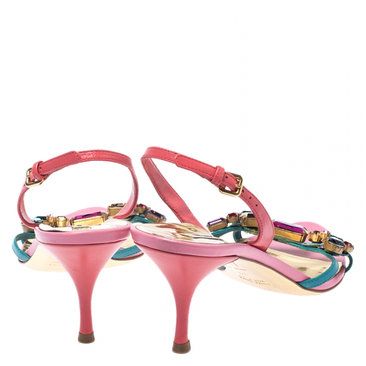 Pre Owned Miu Miu Multicolor Crystal Embellished Leather Slingback Sandals Size 38