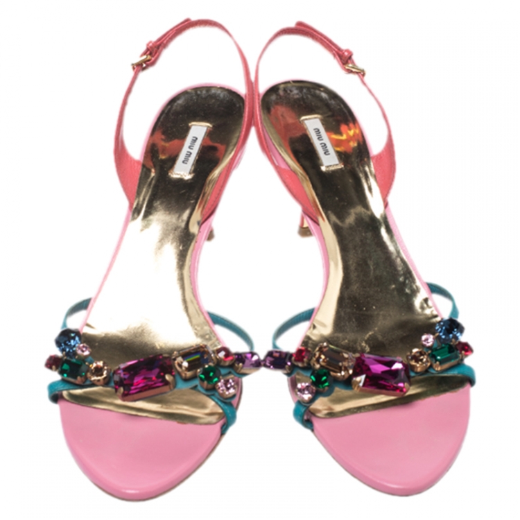 Pre Owned Miu Miu Multicolor Crystal Embellished Leather Slingback Sandals Size 38