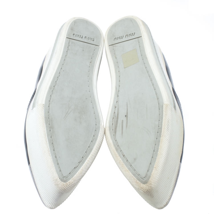 Pre Owned Miu Miu Black Leather Metal Cap Toe Slip On Sneakers Size 37.5
