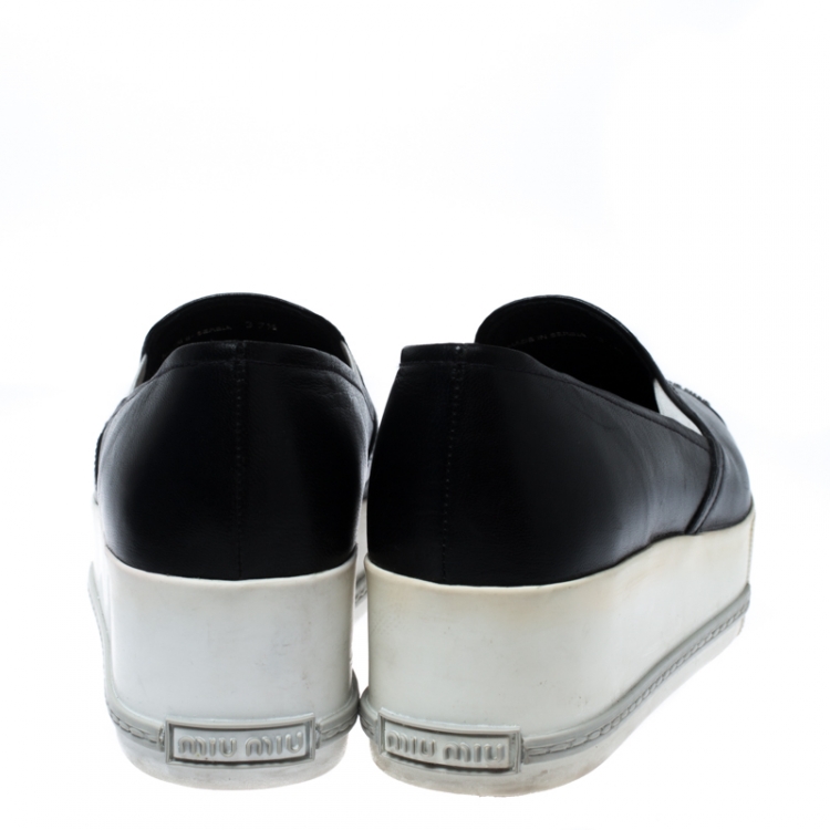 Pre Owned Miu Miu Black Leather Metal Cap Toe Slip On Sneakers Size 37.5
